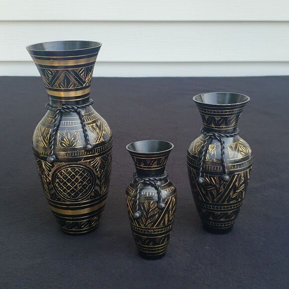 Vintage Other - Set of 3 Vintage Painted Brass Urns Vases with Gold Etching - Made in India